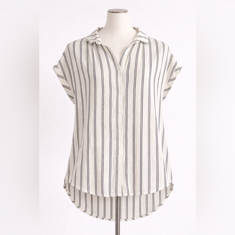 Madewell‎ Womens XS Striped Short Sleeve Button Down Shirt Ivory Navy Viscose